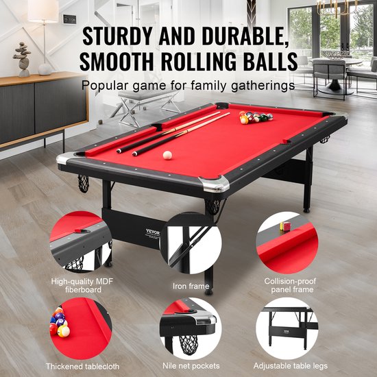 VEVOR Pooltafel, 7ft Pooltafel, Opvouwbare Ruimtebesparende Tafel, Pooltafelset Inclusief Ballen, Keuen, Krijt, Zwart, Perfect voor Familiespeelkamer voor Kinderen en Volwassenen van Merkloos — afbeelding 5