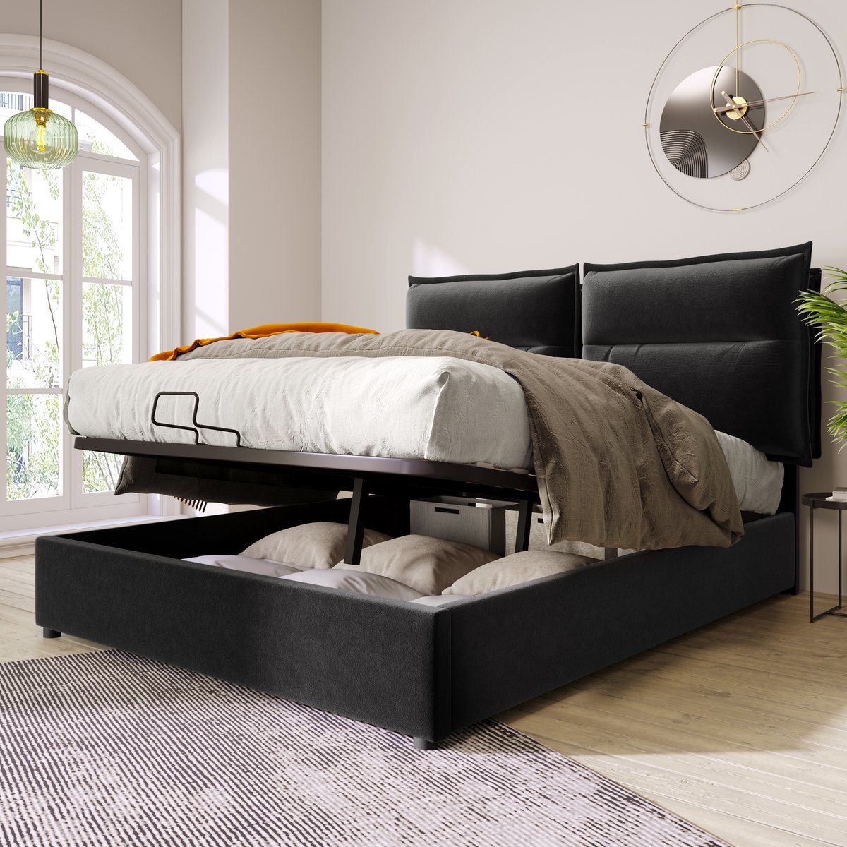 FloraGrace Gestoffeerd Bed 140x200cm – Met Verstelbaar Hoofdbord – Hydraulische Opbergruimte – Met Matras – Modern – Fluweel – Zwart