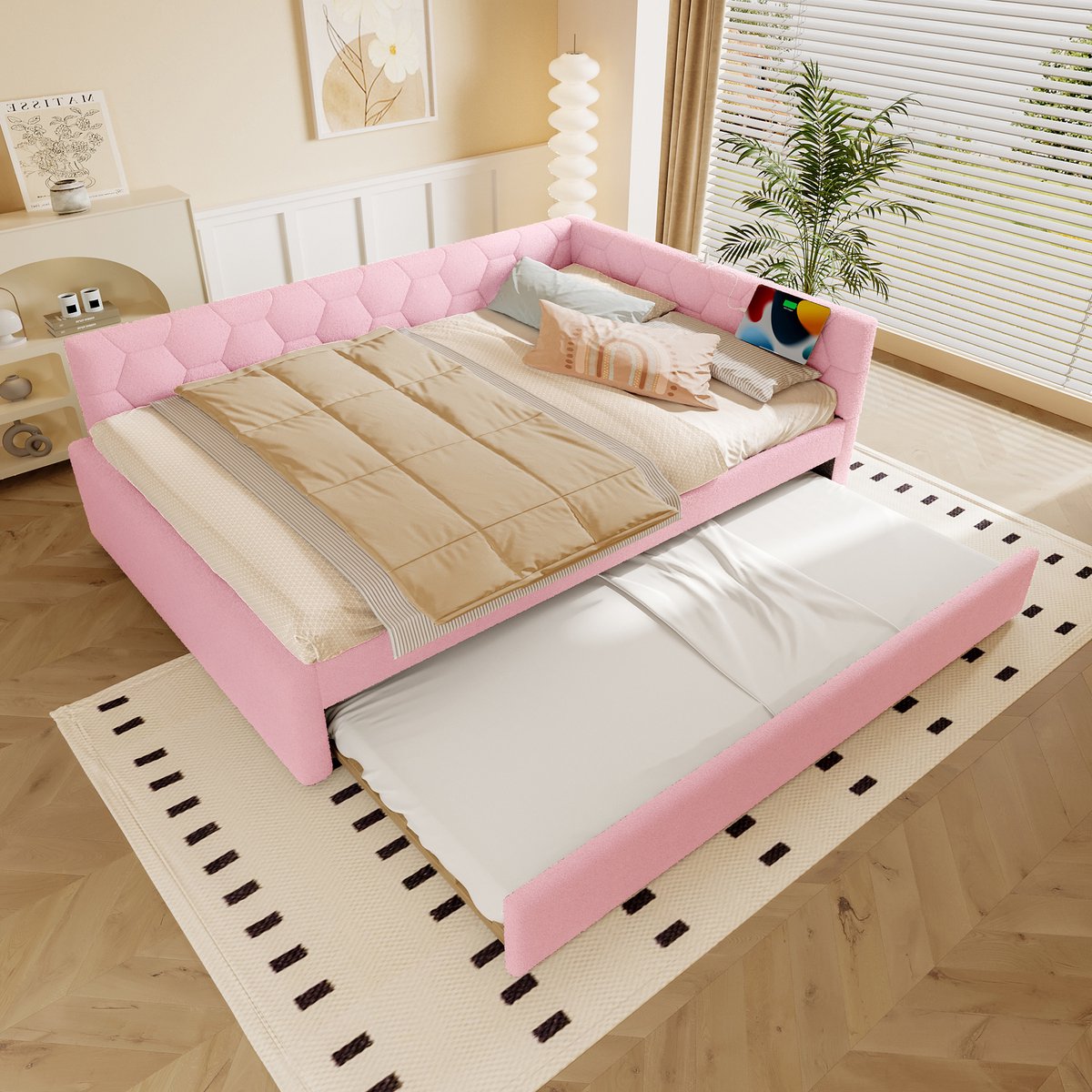 FloraGrace Daybed 140x200cm – Slaapbank Met Uitschuifbed En Lattenbodem – Met Usb En Type C En Nachtlamp – Zonder Matras – Fluweel – Roze