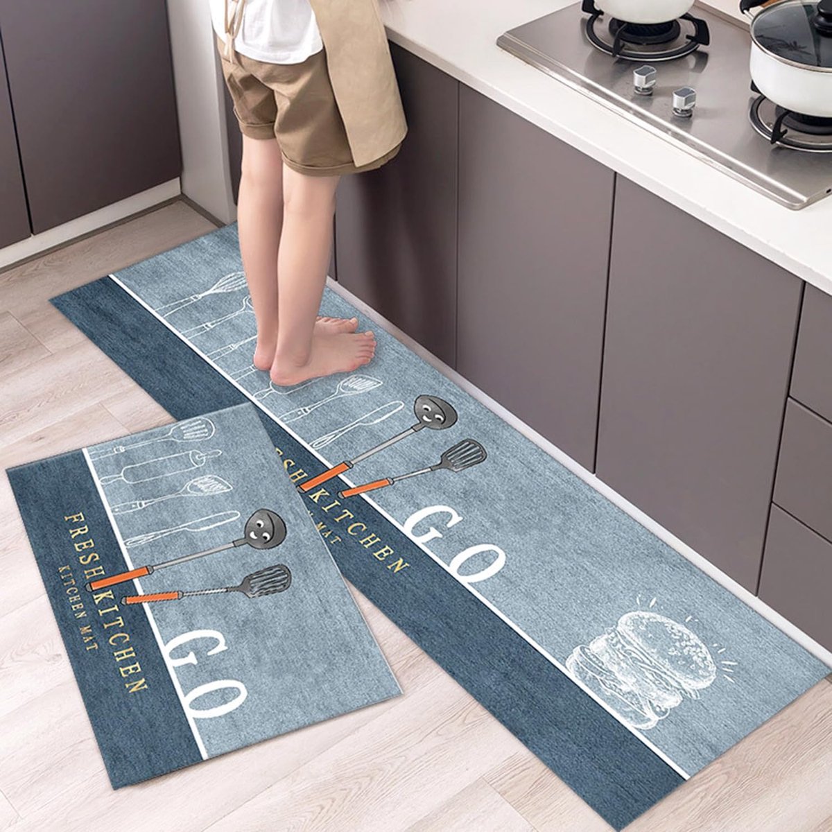 Famanu 2 Stuks keukenmatset antislip staande lopers tapijten deurmat oliebestendig wasbare vloermat voor keukenbenodigdheden (40 x 60 cm + 40 x 120 cm) Blauw