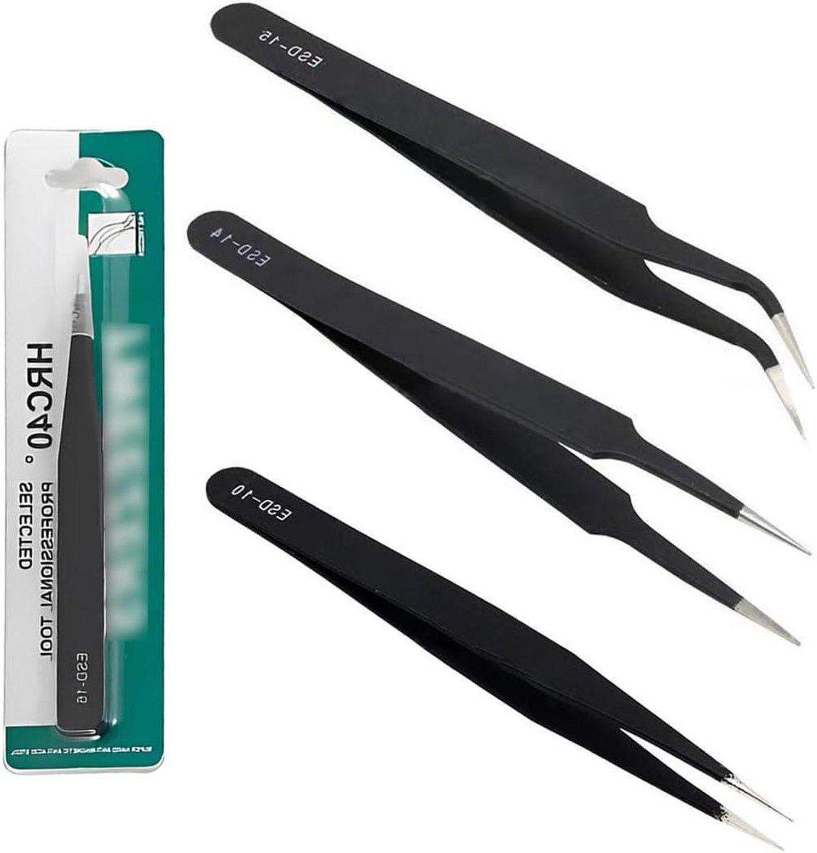 Allecto - Set precisiepincetten roestvrij staal fijne punt antislip - sieraden elektronica horlogereparatie - 3 stuks