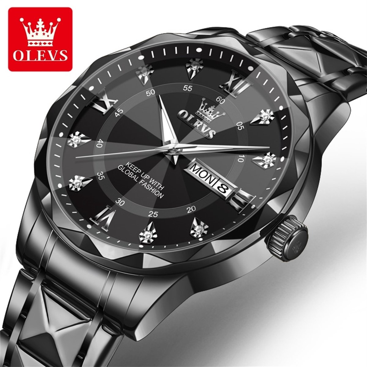 HO-5609.zw : Olevs zwart edelstaal quartz heren horloge, zwarte wijzerplaat, diamantzirkonia