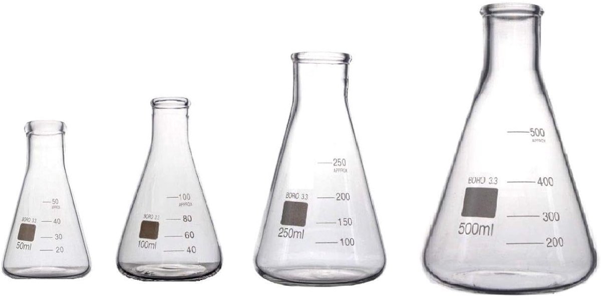 Set van 4 Borosilicaat Kristalheldere Erlenmeyers voor Laboratorium 50ml tot 500ml