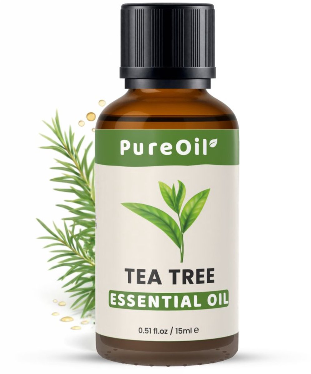 PureOil – Tea Tree Etherische Olie – 15ml – 100% Puur, Natuurlijk & Vegan – Tea Tree Oil Voor Huid | Gezicht | Kalknagels | Scalp | Diffuser | Aromatherapie - Incl. Ebook