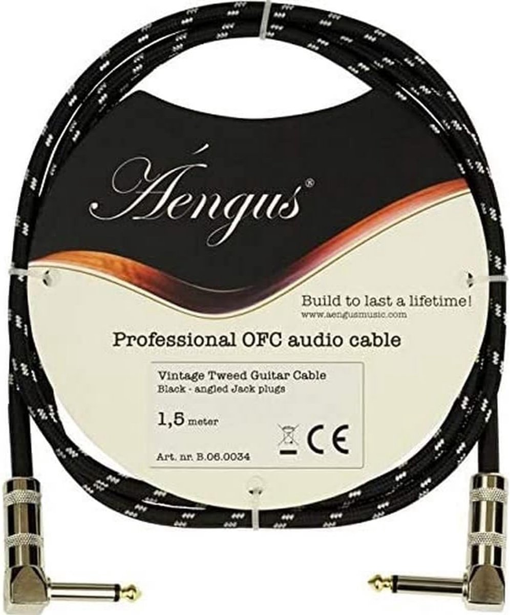 Zwarte Tweed Gitaarkabel Instrumentkabel 1,5 Meter met Haakse Mono Jack Pluggen