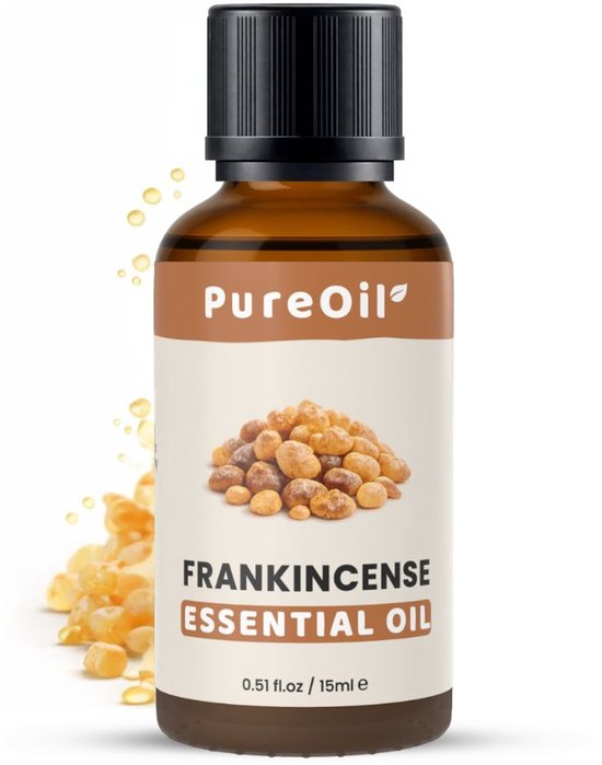 Flacon ambré d'huile essentielle d'encens PureOil avec des gouttes et de la résine en arrière-plan.