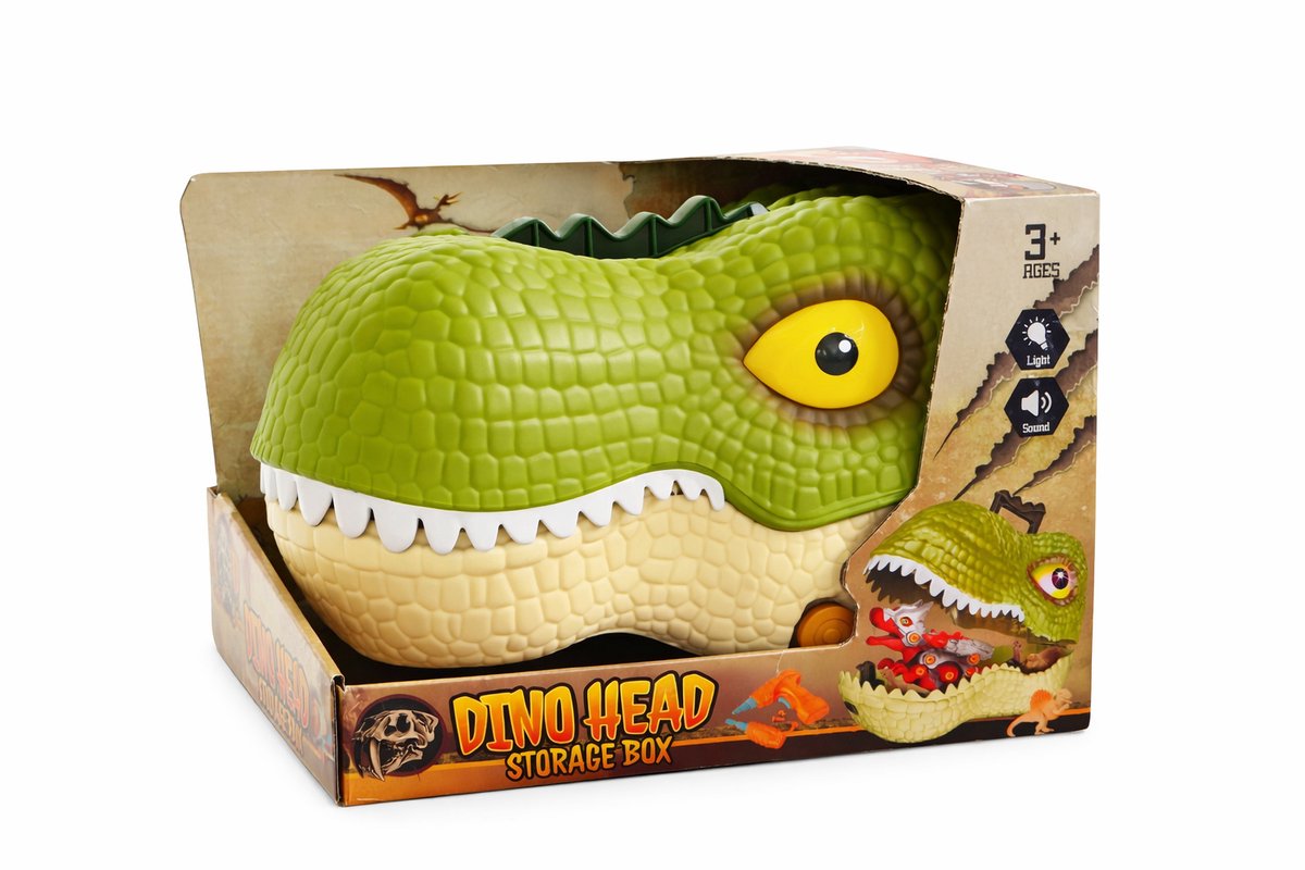 Dino Head Storage Box – Dinosaurus Speelgoed Opbergbox met Licht & Geluid – Inclusief Accessoires – 3+ jaar