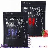 JHUST Wax Beans, 2x 1KG verpakkingen met blauwe en rode waxbonen en illustraties van vrouwen met hoeden.