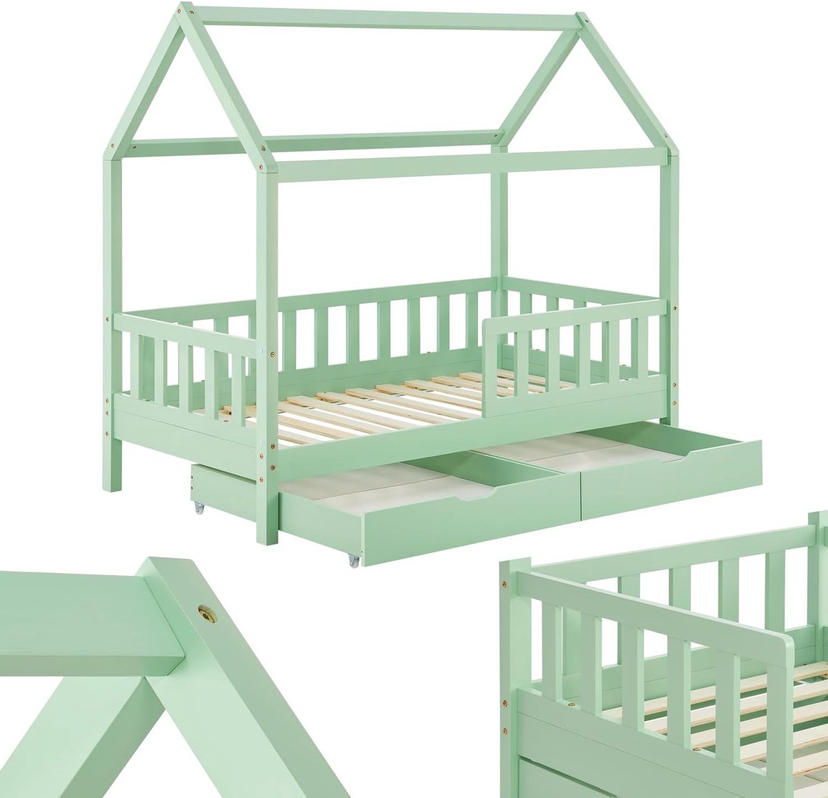 Montessori Kinderhuisbed Hout 80x160 cm met Dak, Valbeveiliging en Lades