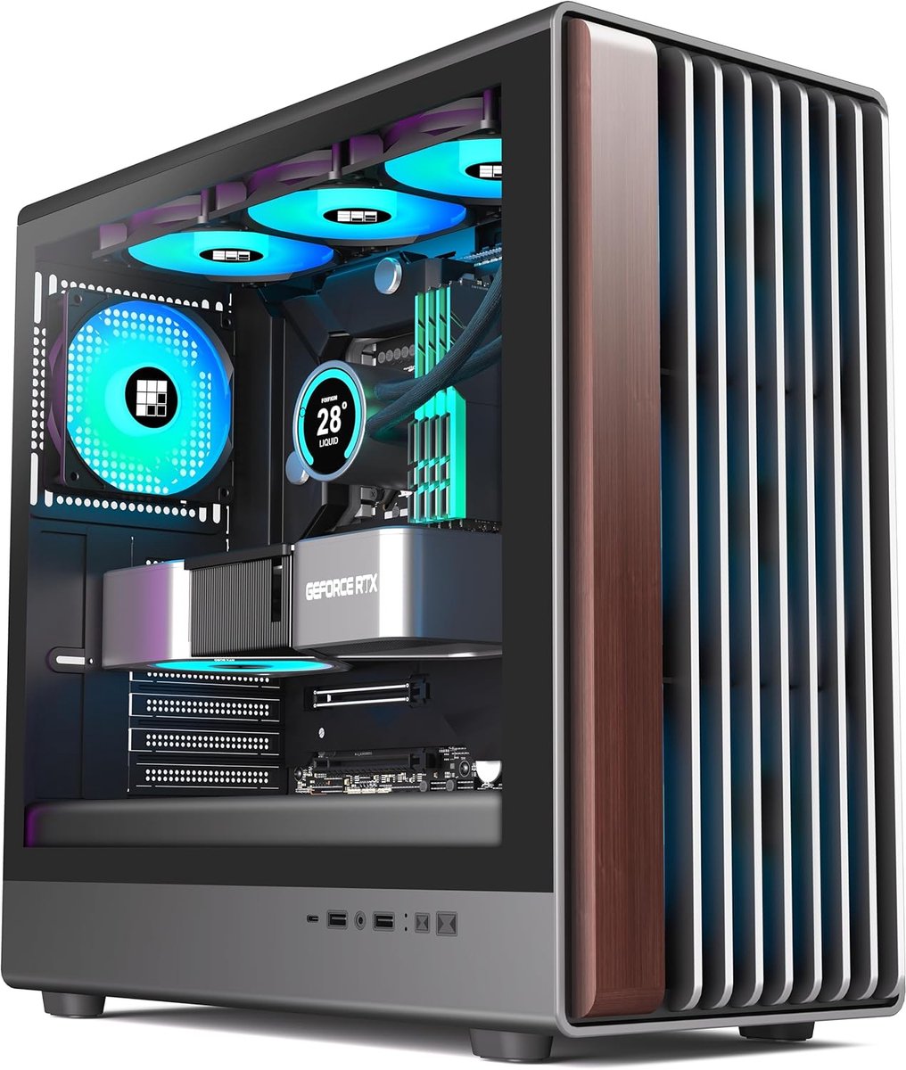 ATX Mid-Tower PC Behuizing met Walnoot Houten Frontpaneel en 7 RGB PWM Ventilatoren