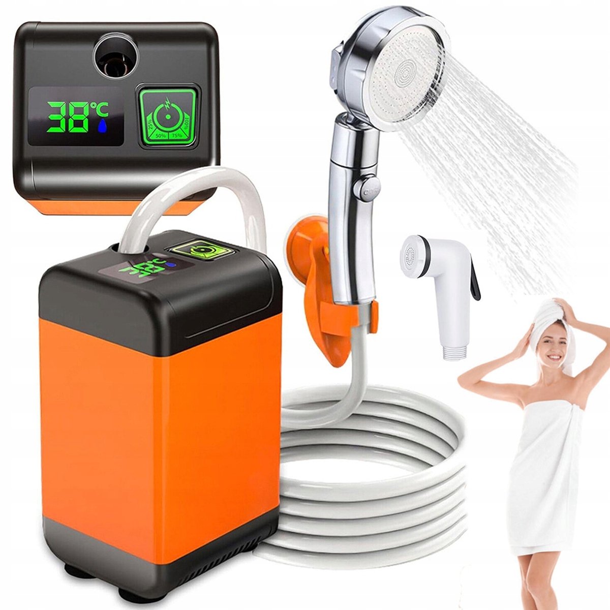 Camping Douche - Draadloze Elektrische Douche - Dubbele douchekop + 2 meter slang - 6000mAh - Oranje - 6-8L/min 3 Uur Gebruik - Met LED-temperatuur