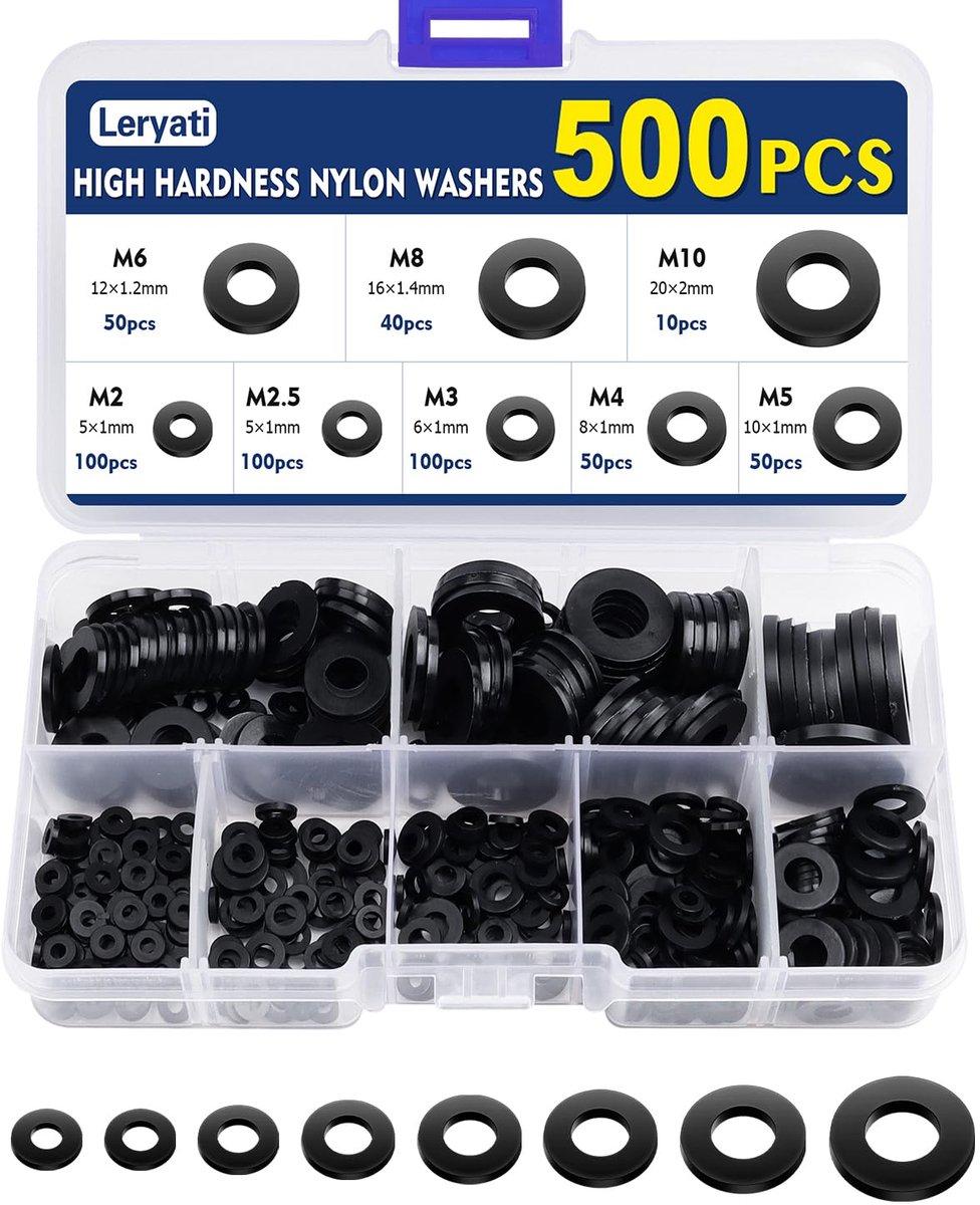 Sluitringen Set Kunststof - Nylon Ringen Afstandhulzen - Bevestigingen Beschermen - 8 Maten Assortiment - 500 Stuks - Zwart