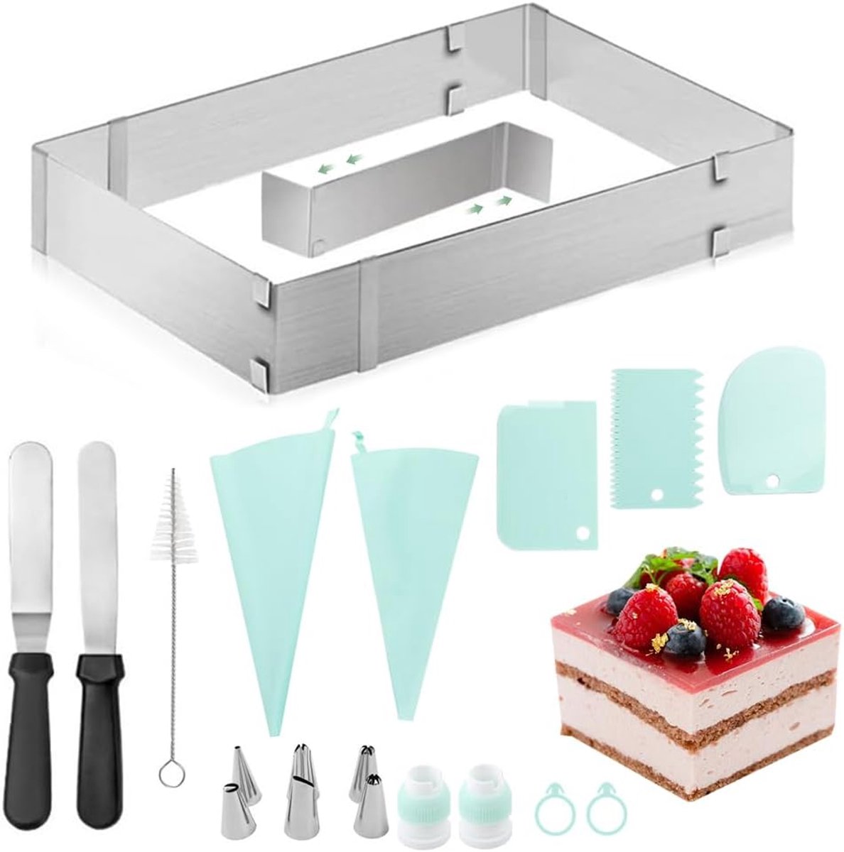 Verstelbaar Bakframe Rechthoekig RVS (28-53 x 18-34 cm) met Taartring en Bakgereedschap Set