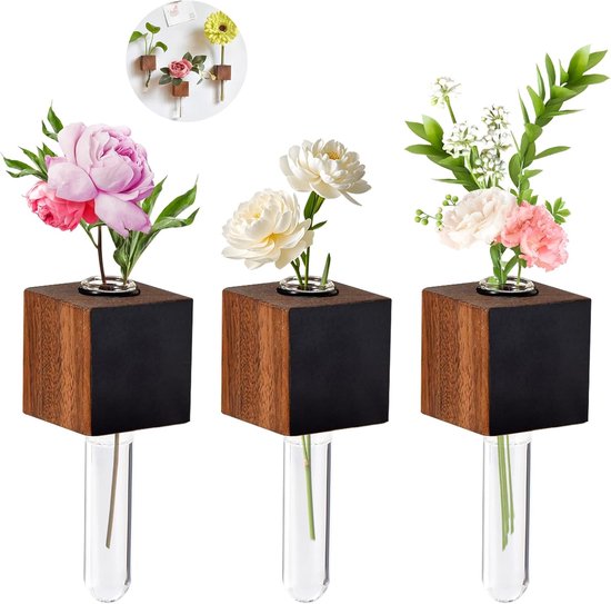 Koelkastmagneten - Vaas - Magnetische Houten Muurplanten Vazen met Plastic Buisjes - Mini Koelkastmagneet Vaasjes voor Hydroponische Planten - Geschikt voor Snijbloemen en Stekjes - Natuurlijk Hout - 3 stuks