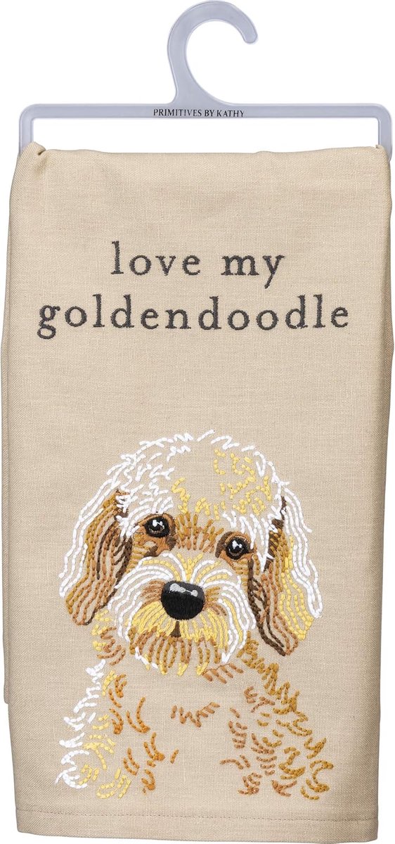 Linnen Katoen Theedoek met Geborduurd Goldendoodle Portret - Beige