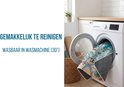 Een speelmat wordt in een wasmachine gedaan. "Gemakkelijk te reinigen, wasbaar in wasmachine (30°)"