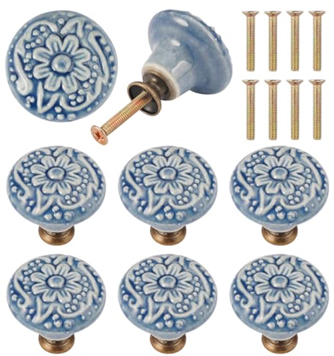 Ultiluxe® Meubelknoppen - 8 Stuks - Keramische Kastknoppen - Ladeknoppen - 3.4 x 3.2 cm - Vintage - Met Schroeven - Blauw