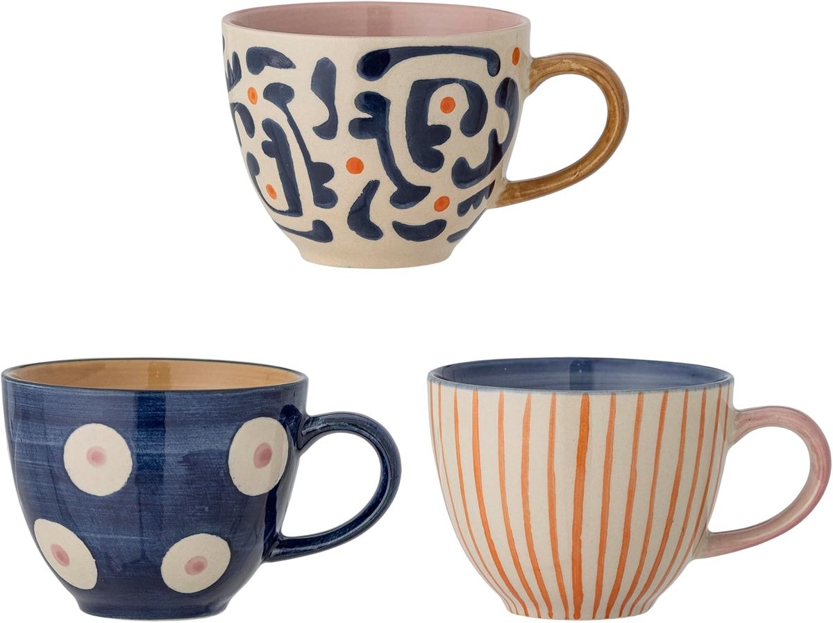 Set van 3 Steenwerk Mokken Blauw Handbeschilderd Scandinavisch Wonen 290 ml