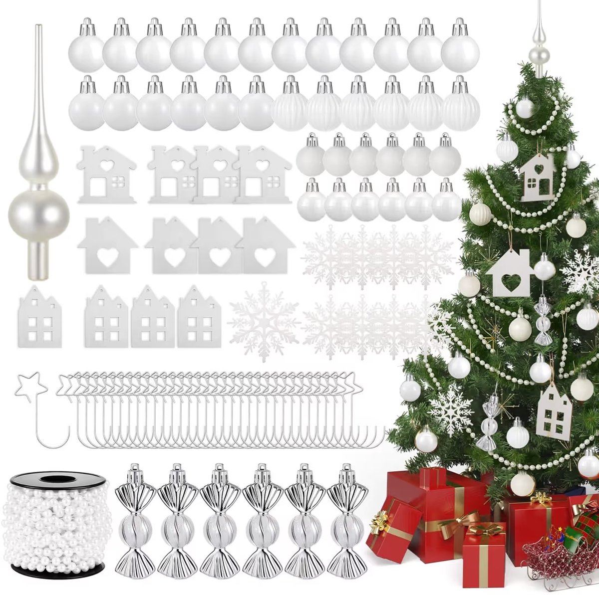 66 stuks witte kerstballen, kerstboomversiering, set kunststof kerstballen, boompiek, sneeuwvlokken, houten hangers, snoep, kerstdecoratie voor feest, kerstboom, decoratie