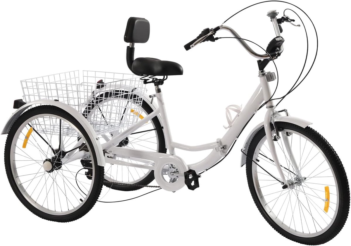 Vouwfiets driewieler - Driewieler volwassenen - Ontspannen toeren - Inclusief mand rugleuning - 24 inch 7 versnellingen - Wit