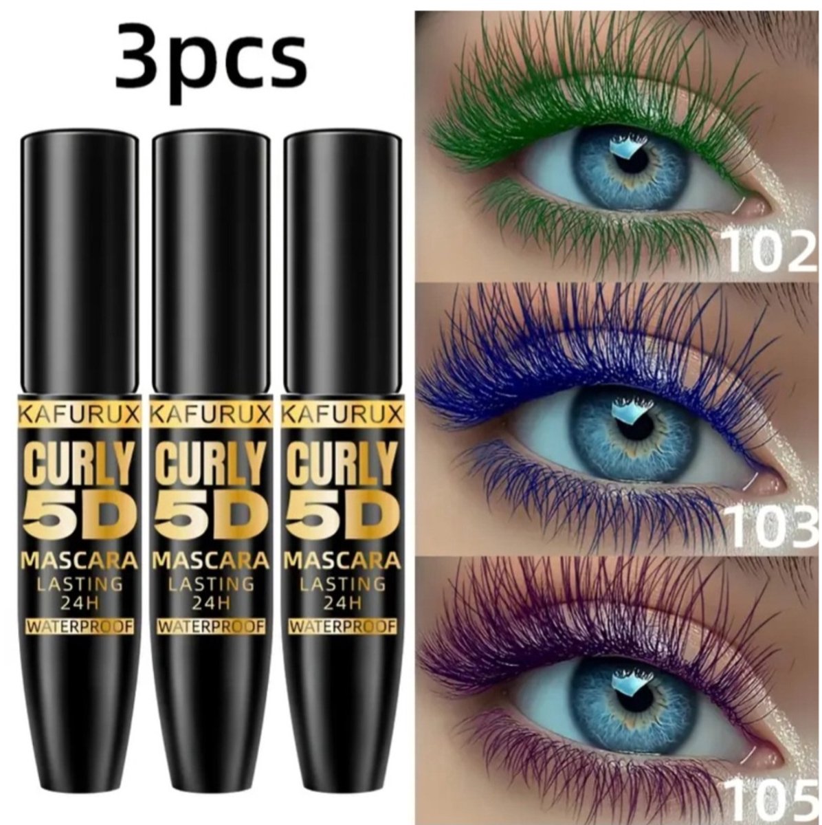 3 Stuks Kleuren Mascara Set – 5D Curly Mascara – Waterproof – Groen, Blauw & Paars