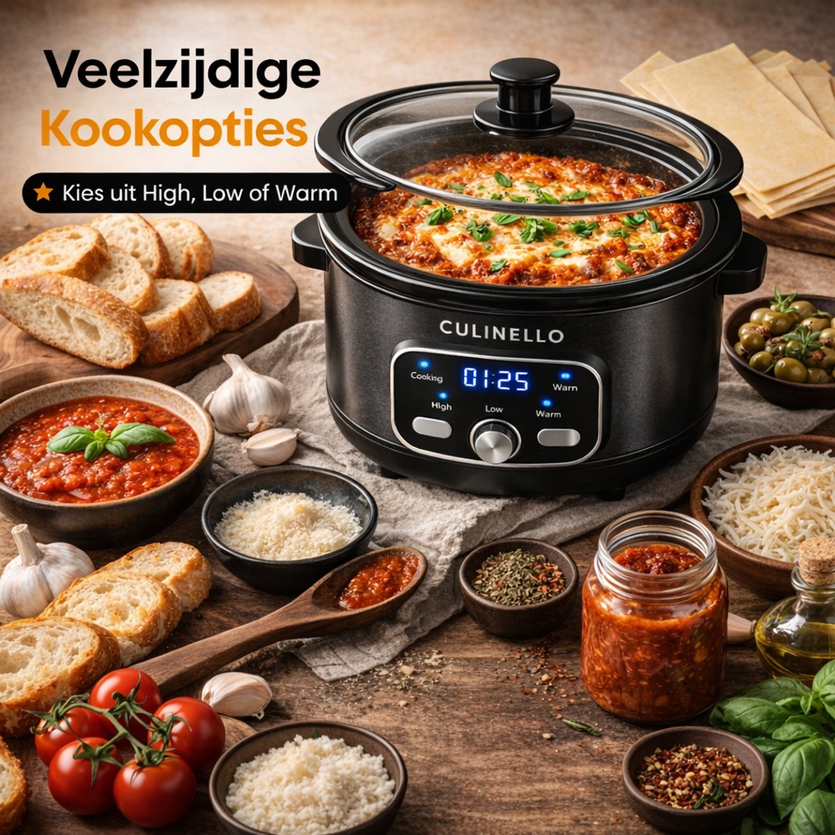 Culinello® Digitale Slowcooker met Timer – 5.6 Liter – Incl. Digitaal Slowcooker Kookboek – Uitstelbare Timer – Programmeerbare Timer – Multicooker – Rice cooker – Rijstkoker – Slow Cooker – Uitneembare Keramische Binnenpan – 3 Warmtestanden – Zwart – foto 6