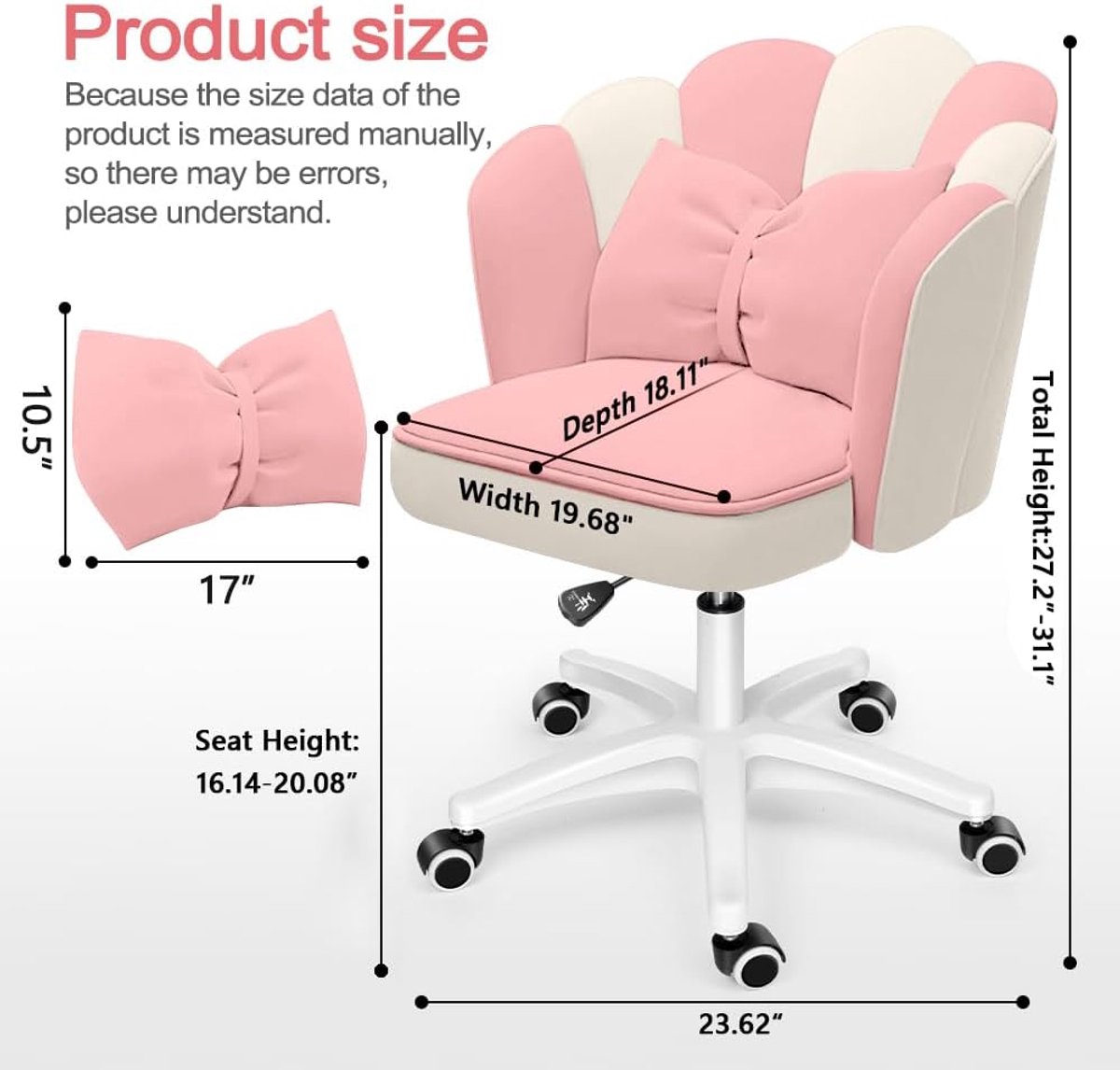 Bureaustoel Casa Velluto PetalBloom Fluweel – Pink and White Schattige Kaptafelstoel met Strikkussen, Vlinder Vanity Stoel voor Slaapkamer, Computer & Werkplek, 360° Draaibaar, Verstelbare Hoogte, Rollend en Comfortabel