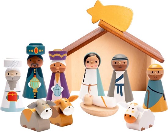 Houten Kerststal Set met 10 Figuren voor Kinderen