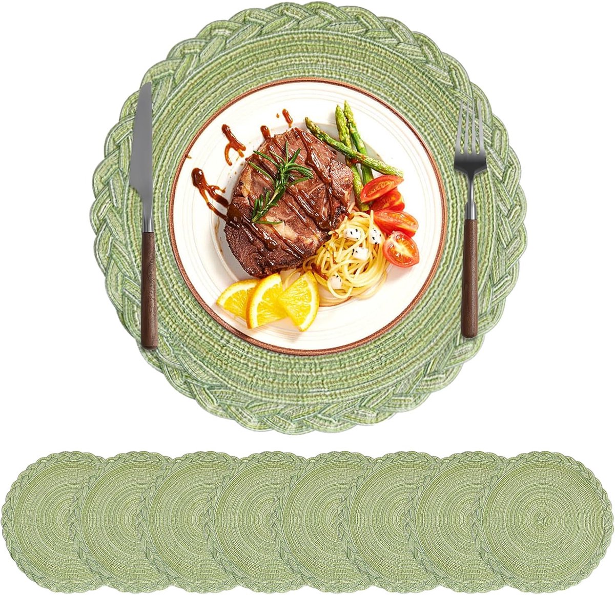 Set van 8 Ronde Gevlochten Placemats Boho Groen 38cm Hittebestendig