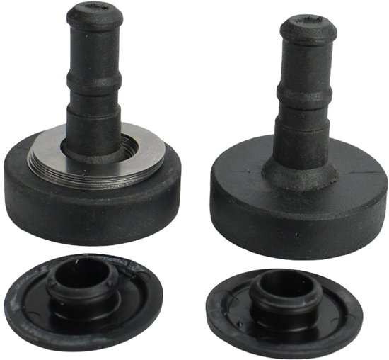 Twee zwarte AL-KO frictiecups, één met metalen ring, en twee zwarte schijven met gat.