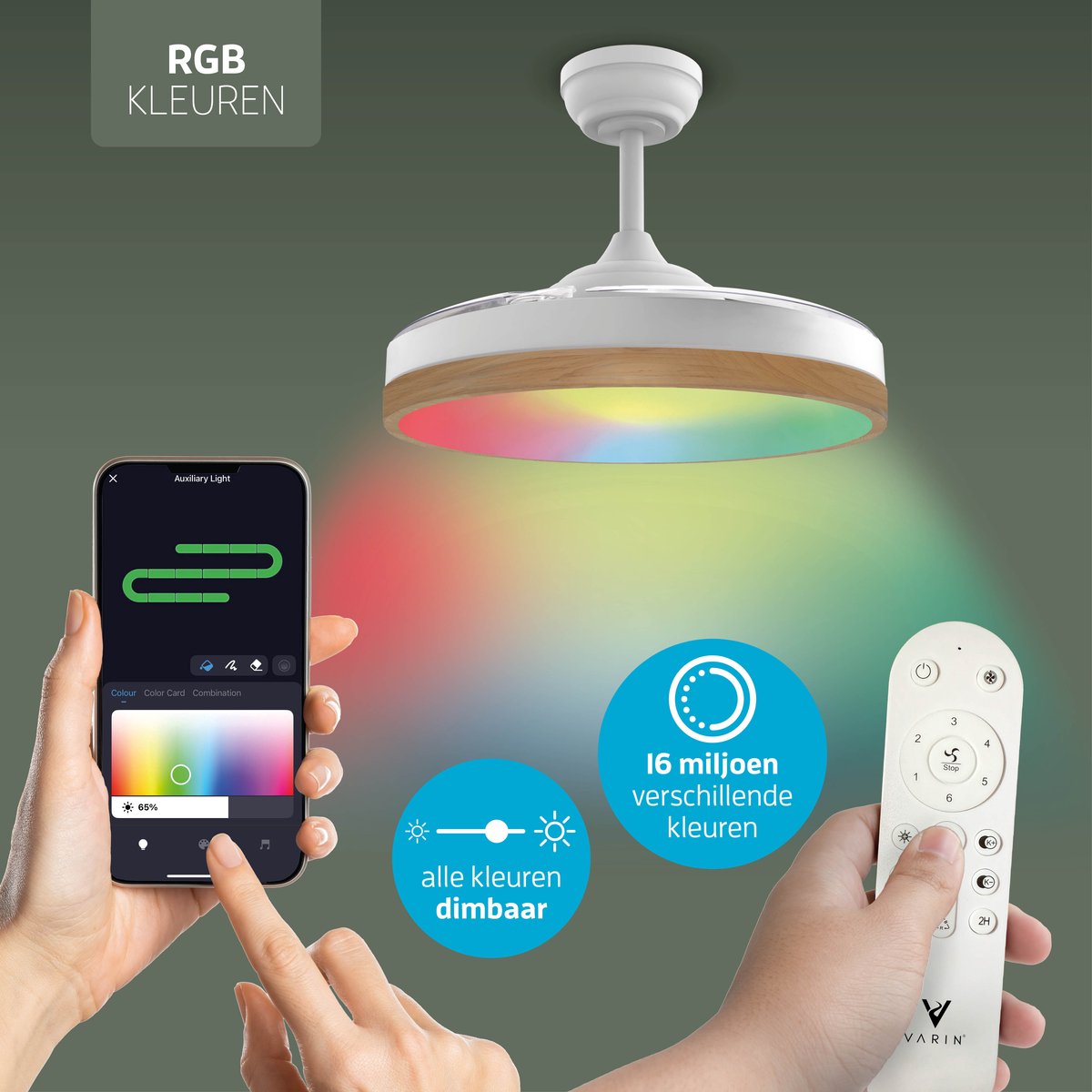Varin Smart Plafondventilator met LED verlichting RGBW - Wit/Lichthout thumbnail 6