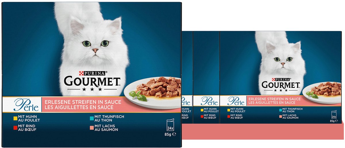 Gourmet GOURMET PERLE Verfijnde reepjes in saus (kip, rundvlees, tonijn, zalm) (4 x 24 x 85g)