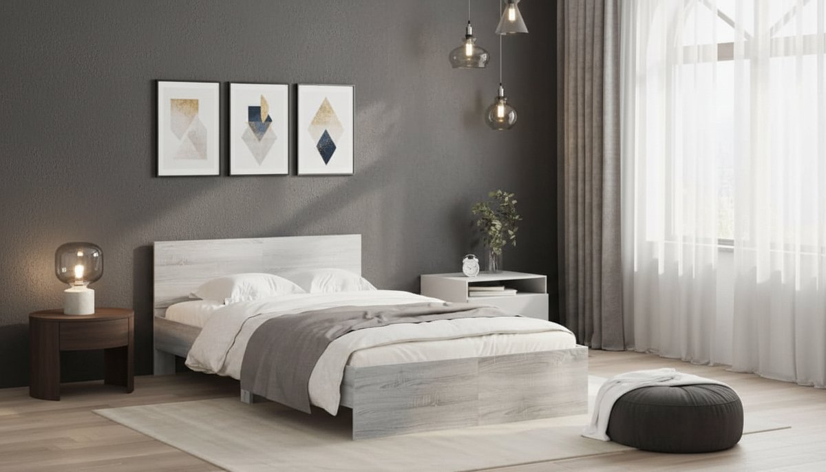 Bedframe 120x200 cm met Hoofdbord en Lattenbodem – Twijfelaar Bed in Grijs Sonoma – Modern Houten Tweepersoonsbed – Casa Velluto Milano Sonoma Bed