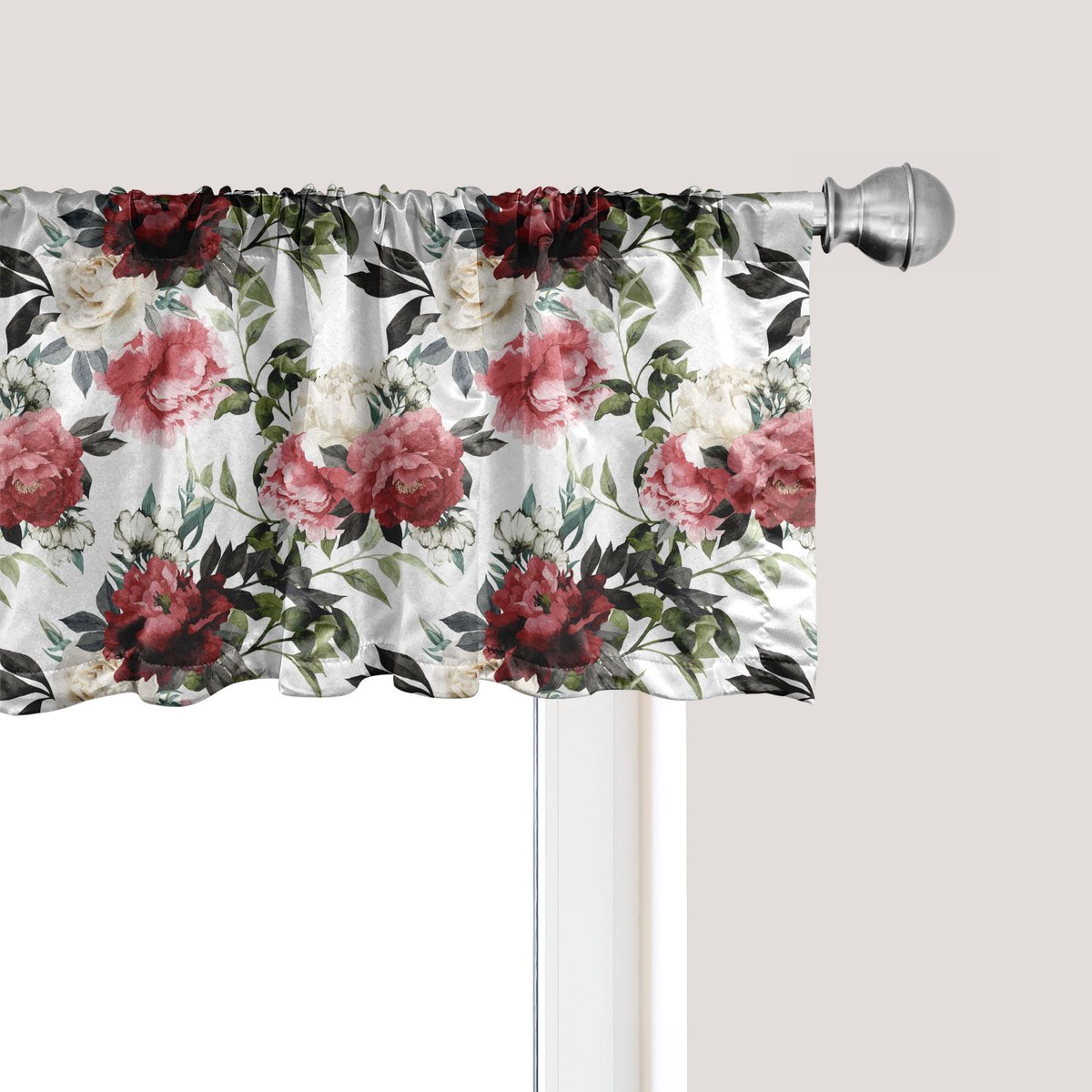 ABAKUHAUS Shabby Flora Raamvalletje, Gordijnvalletje voor Keuken en Slaapkamer met Tunnelzoom, 137 cm x 30 cm, Donker Koraalrood