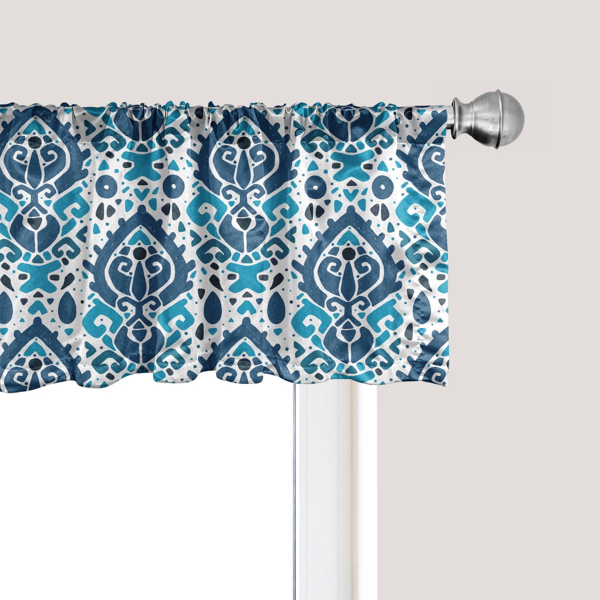 ABAKUHAUS Ikat raamvalletje, gordijnvalletje voor keuken en slaapkamer met tunnelzoom, 137 cm x 30 cm, zeeblauw en wit