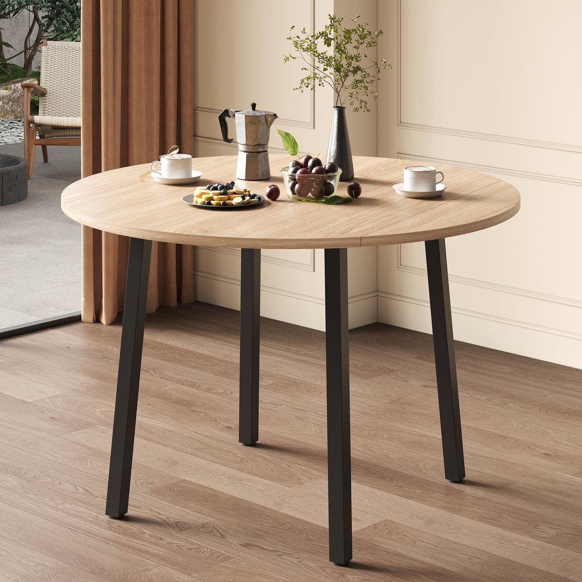 HAUSS SPOLE Eettafel - Ronde Inklapbare Tafel Voor 2 Tot 4 Personen - Ruimtebesparend Voor Keuken En Kleine Woonkamer - MDF - Eiken - 100x100 Cm Eikenkleur