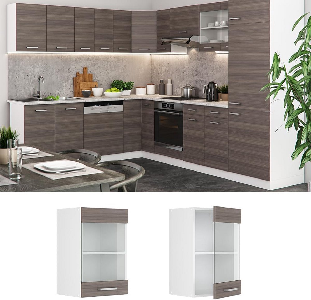 Glazen Hangende Keukenkast Breedte 40 cm Grijs Wit Modulair
