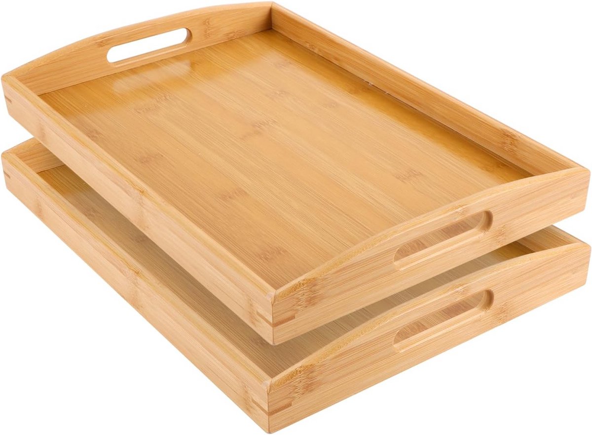 Set van 2 Rechthoekige Houten Dienbladen voor Ontbijt en Koffietafel, 40x28 cm