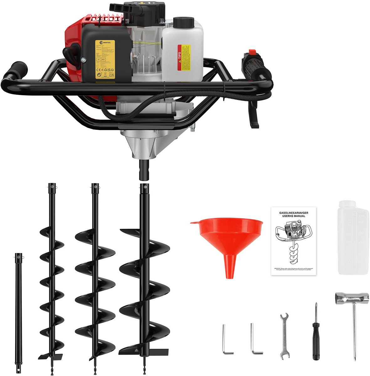 CONENTOOL 52CC 2-Takt Benzine Grondboor - 3 Boorbladen (100/150/200mm) + 1 Verlengstuk - Palenboor Grondboormachine