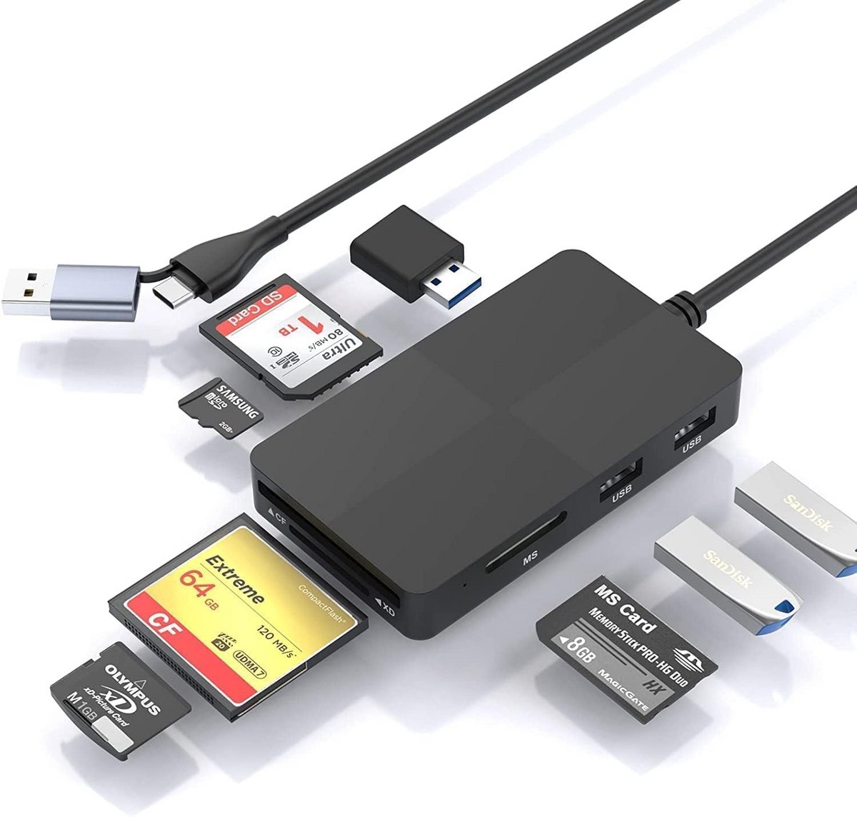 Universele USB C USB 3.0 Kaartlezer Hub met 5 Geheugenkaartsleuven en 3 USB Poorten