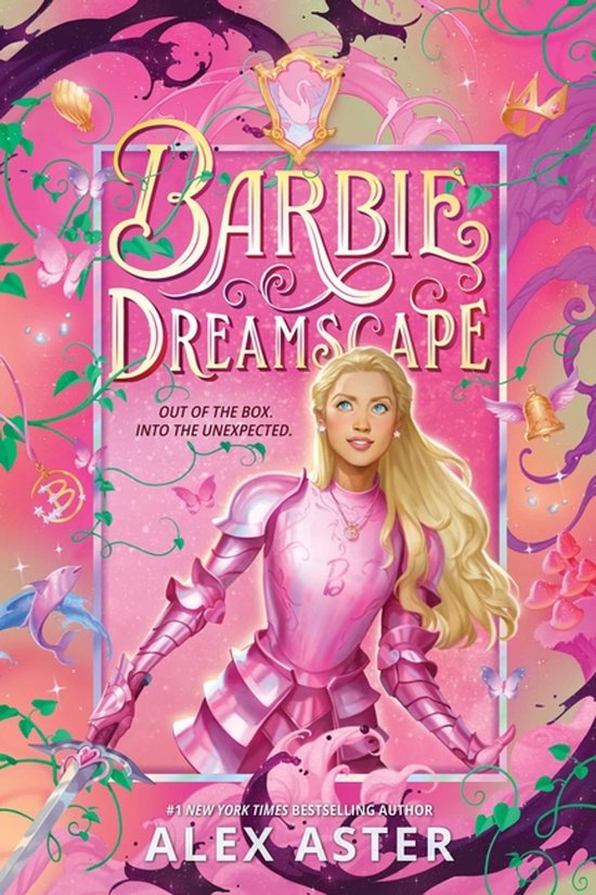 Boekomslag van Barbie Dreamscape met Barbie in een roze harnas, zwaard in de hand, omringd door vlinders en bloemen.