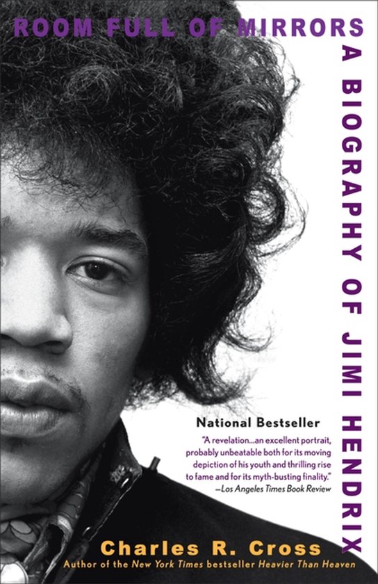 Boek "Room Full of Mirrors" met een portret van Jimi Hendrix.