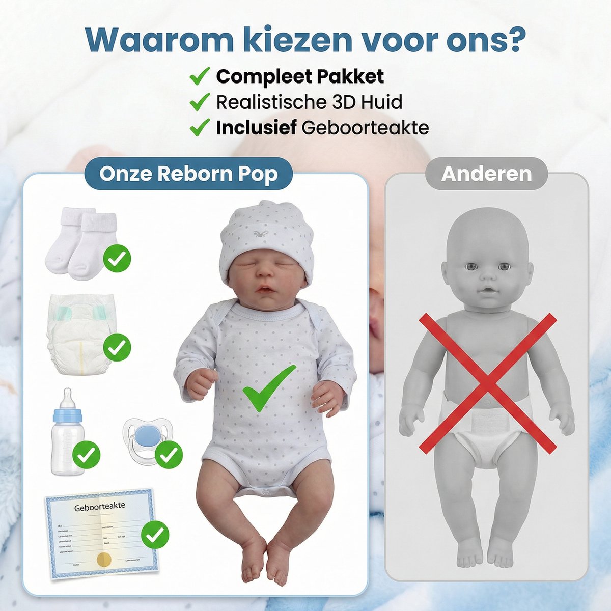 Levensechte Reborn Babypop - 48 cm - Volledig Siliconen Lichaam - Slapend - Waterdicht & Poseerbaar - Inclusief Kleding & Magnetische Speen - Realistisch Speelgoed - Wit — afbeelding 6