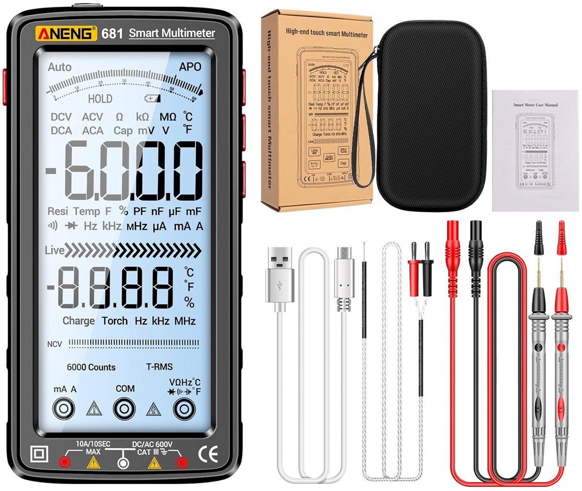 Digitale Multimeter 6000 Tellingen Oplaadbaar Universele Tester met Groot LCD en Zaklamp