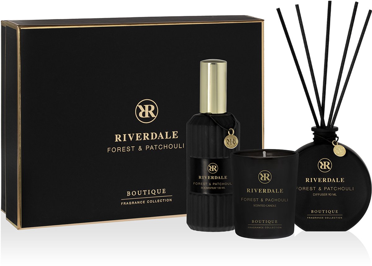 Riverdale - Cadeaupakket - Forest & Patchouli - Geurstokjes, Geurkaars & Roomspray - Geschenkset.