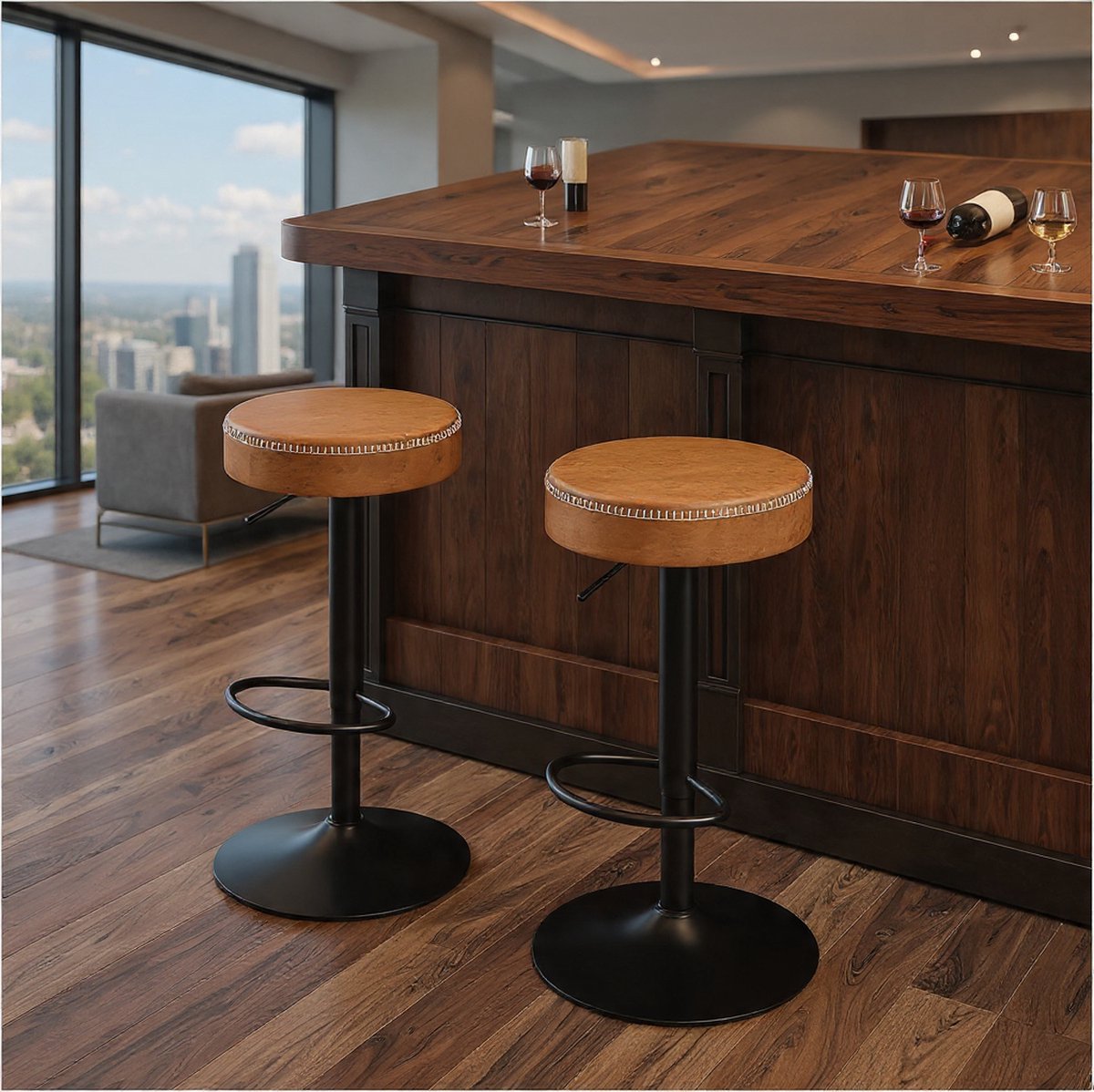 Breakfast Bar Stool Set of 2, Swivel Adjustable Kitchen Island Stools with Footrest, Microfiber Leather High Bar Chairs Without Backs, Industrial Bar Stools for Pub and Counter - Brown-Casa Serena ...