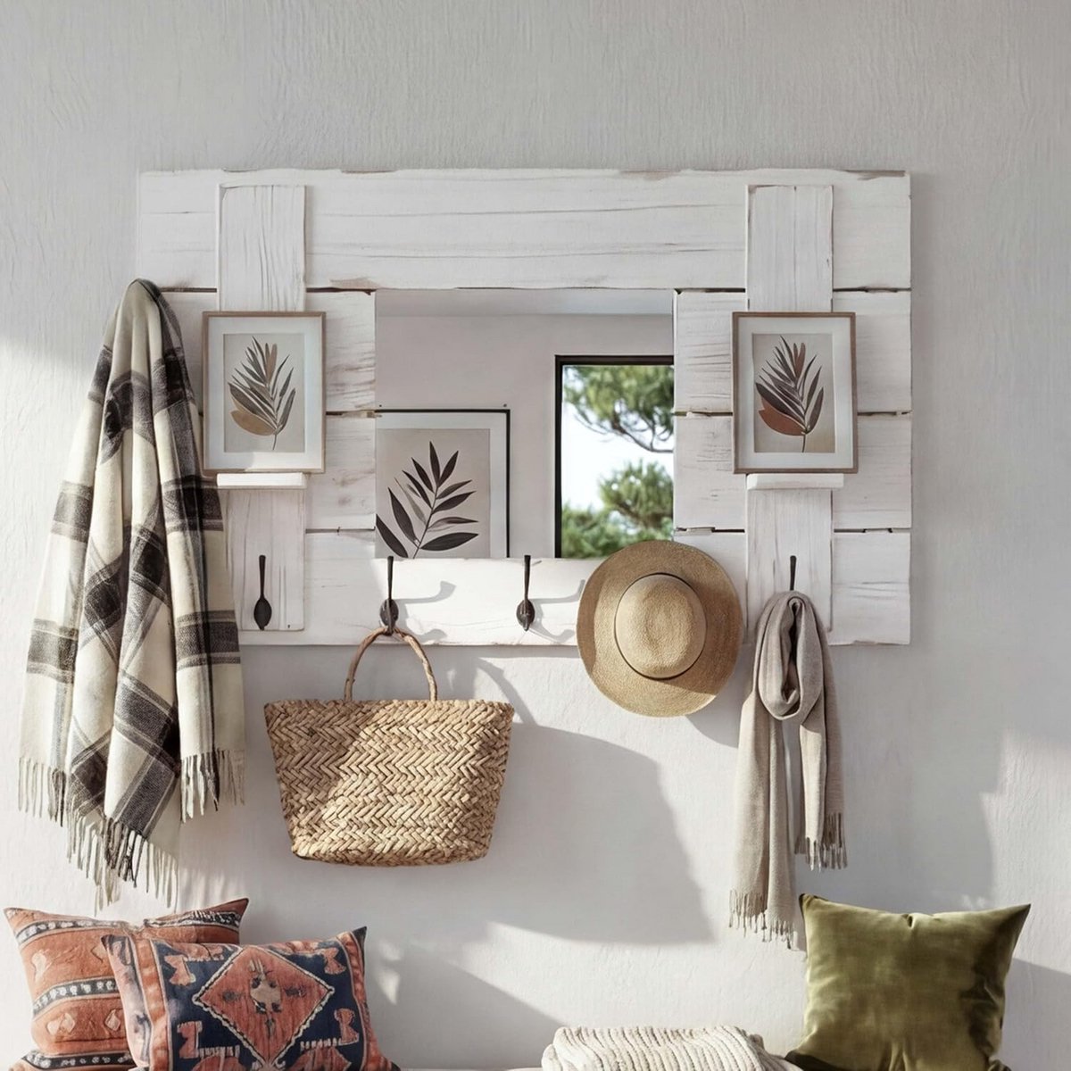 Wandkapstok met Spiegel en 5 Haken in Shabby Vintage Look, Wit Hout 90x60cm