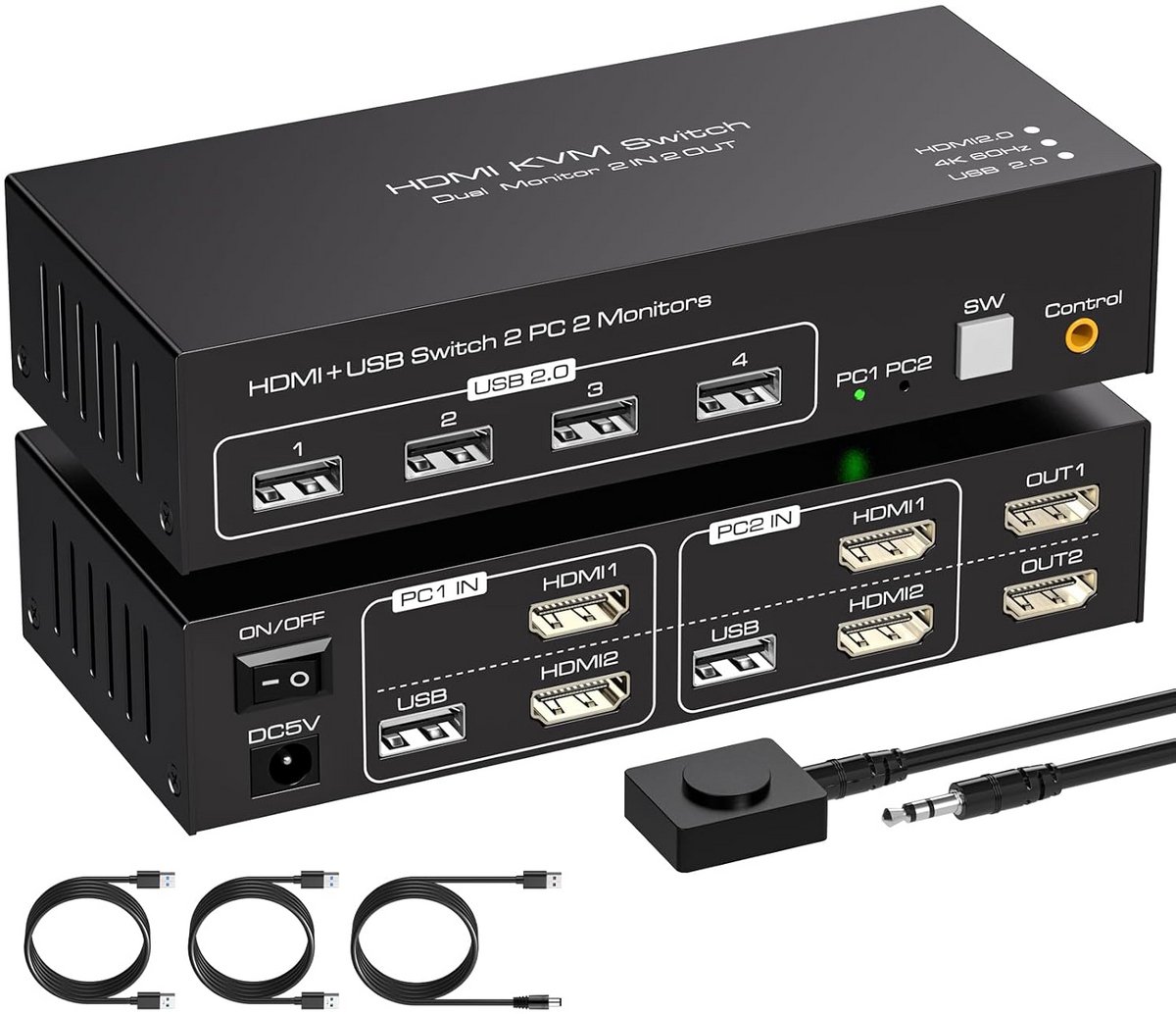 HDMI KVM Switch Dual Monitor voor 2 PC's met 4K60Hz Ondersteuning en USB 2.0 Hub