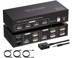 HDMI KVM Switch Dual Monitor voor 2 PC's met 4K60Hz Ondersteuning en USB 2.0 Hub