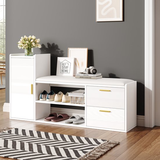 STILVORA Schoenenkast Met Zitbank - Hoogglans Fronten Met 2 Lades En Kast - Voor Hal Woonkamer En Kantoor - Spaanplaat Wit - 128x30x68 Cm